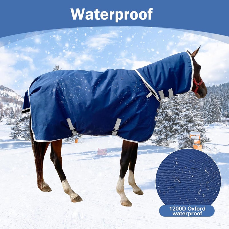 Jranter 1200D Winter Waterproof Horse Trunout Blanket, 280g Warm Cotton Filling Liner with Turnout Neck Cover Detachable, Medium Weight Waterproof Horse Blanket (Back Length 72 inch / 135 CM) - Image 5